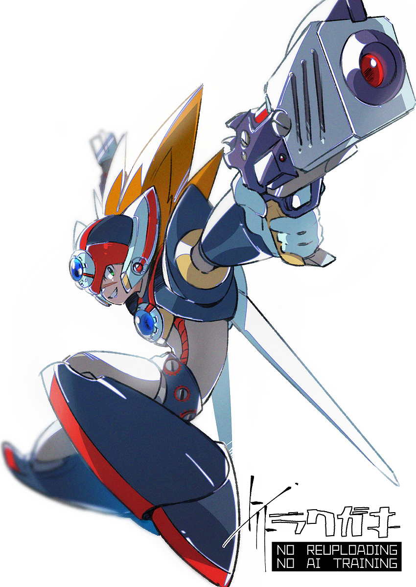 to i to io, axl (mega man), mega man (series), mega man x (series), highres, 1boy, android, armor, black armor, brown hair, chest jewel, cross scar, dual wielding, finger on trigger, forehead jewel, gun, helmet, holding, holding gun, holding weapon, long hair, male focus, red helmet, scar, scar on face, simple background, solo, spiked hair, watermark, weapon, white background