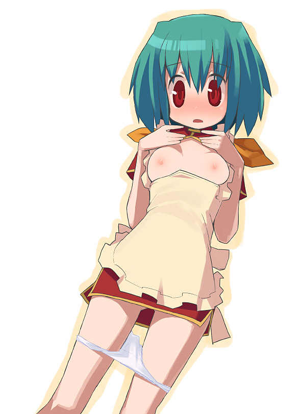 kusaka kokage, ranka lee, macross, macross frontier, 00s, 1girl, breasts, female focus, flat chest, green hair, nipples, panties, panty pull, red eyes, solo, underwear