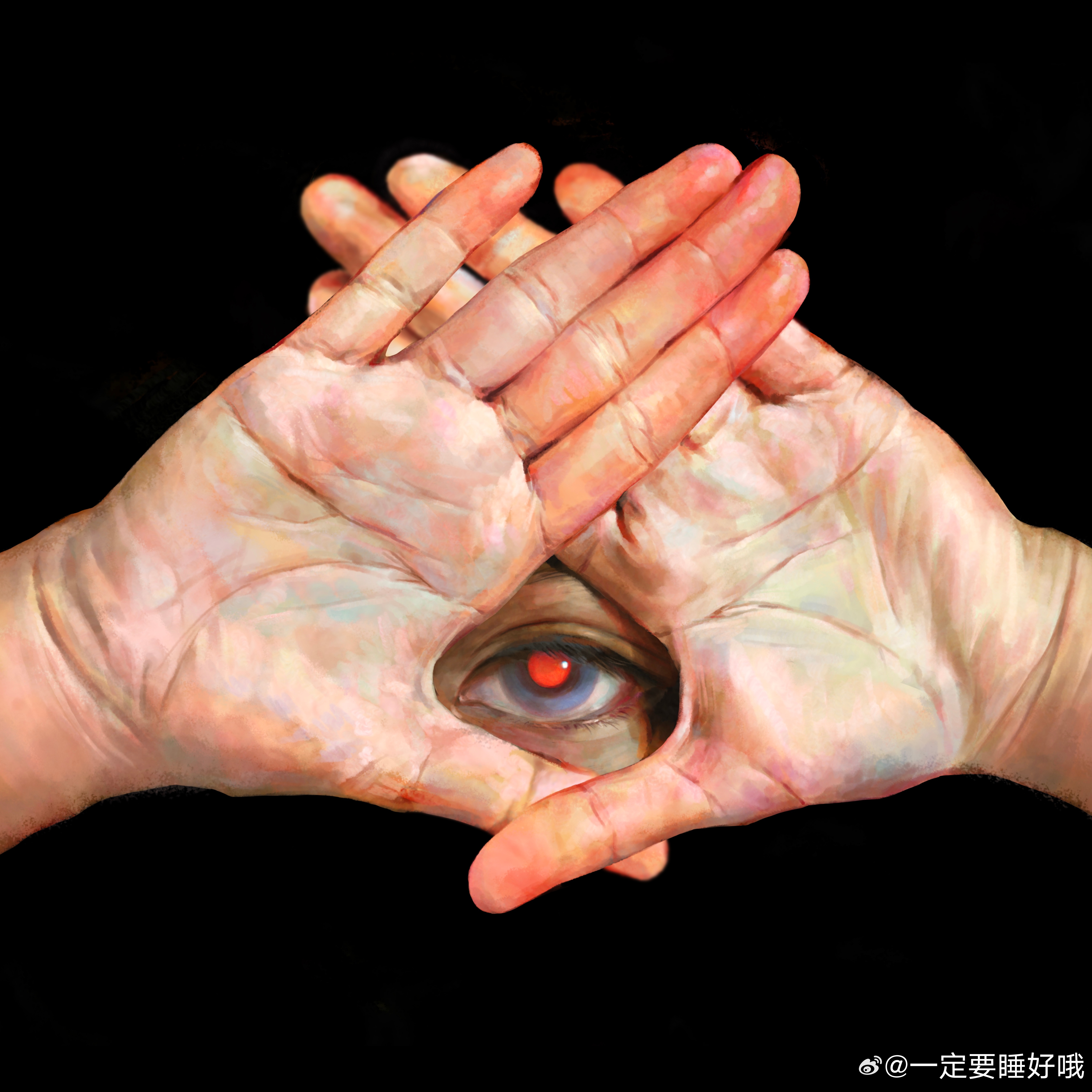 sleell11, original, absurdres, highres, 1other, abstract, black background, blue eyes, crossed hands, eyelashes, finger frame, finger frame over eye, hand focus, hands up, looking at viewer, one-eyed, red pupils, simple background, watermark, weibo username, weibo watermark