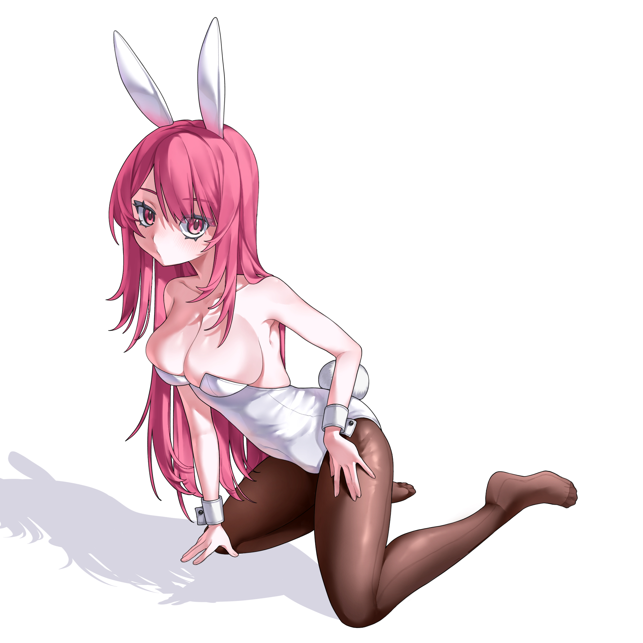 original, commentary request, highres, 1girl, animal ears, armpit crease, armpits, bare shoulders, breasts, brown pantyhose, cleavage, collarbone, fake animal ears, fake tail, from side, full body, hand on ground, hand on own thigh, kanai ouo, kneeling, large breasts, leaning forward, legs apart, leotard, light blush, long hair, looking at viewer, no shoes, pantyhose, parted lips, pink eyes, pink hair, playboy bunny, rabbit ears, rabbit tail, shadow, simple background, skindentation, solo, strapless, strapless leotard, tail, very long hair, white background, white leotard, white wrist cuffs, wrist cuffs