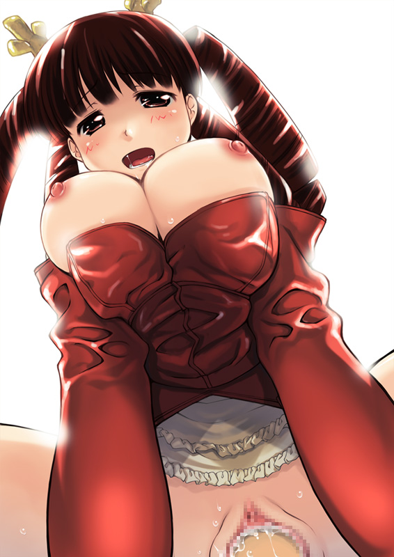 ikujitto, mabinogi, 1girl, breasts, censored, dress, large breasts, mosaic censoring, nipples, pain, penis, pov, red dress, red skirt, sex, skirt, solo focus, straddling, vaginal