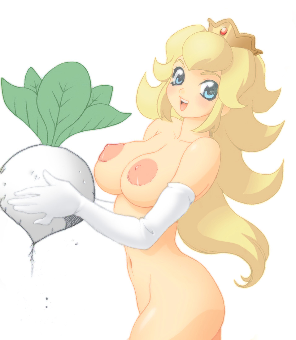 yukiyanagi, princess peach, mario (series), nintendo, super mario bros. 2, 1girl, blonde hair, blue eyes, blush, breasts, crown, elbow gloves, female focus, gloves, hat, huge breasts, huge nipples, large areolae, long hair, looking at viewer, navel, nipples, nude, open mouth, simple background, smile, solo, turnip