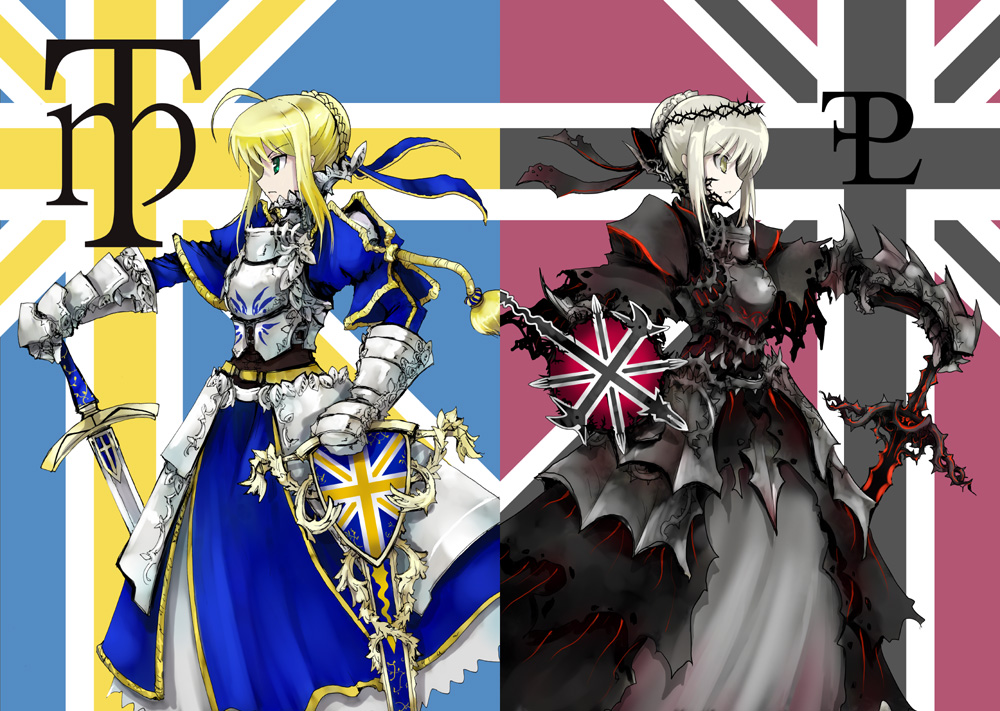 pfaltz, pfalz, artoria pendragon (fate), saber (fate), saber alter, saber alter (second ascension), fate/hollow ataraxia, fate/stay night, fate (series), type-moon, 00s, 1girl, armor, armored dress, dress, dual persona, goth fashion, hands on hilt, knight, sword, weapon