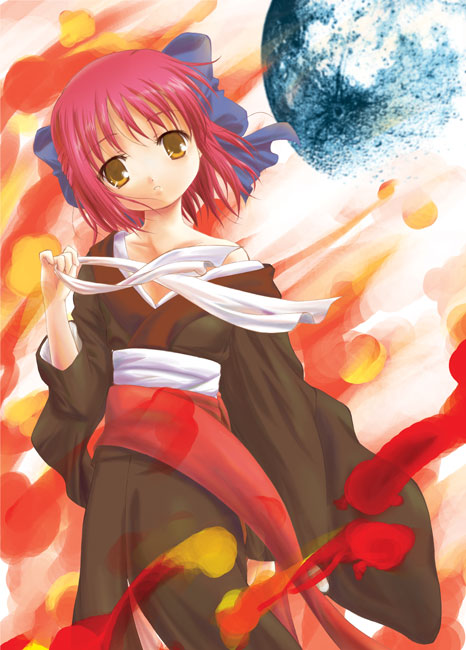 q-gaku, kohaku (tsukihime), tsukihime, 00s, 1girl, bow, female focus, flat chest, hair bow, head tilt, japanese clothes, kimono, maid, off shoulder, pink hair, ribbon, short hair, solo, yellow eyes