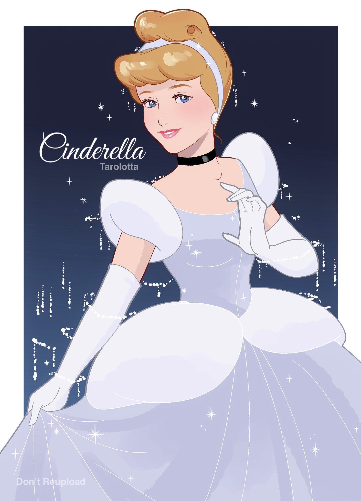 tarolotta, cinderella (disney character), cinderella (disney movie), highres, 1girl, ball gown, blonde hair, blue dress, blue eyes, choker, dress, earrings, elbow gloves, gloves, gown, hair bun, hairband, jewelry, looking at viewer, princess, princess dress, short hair, smile, solo