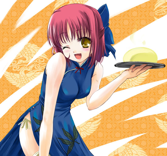 q-gaku, kohaku (tsukihime), mr. chin, tsukihime, 00s, 1girl, bare shoulders, blush, breasts, china dress, chinese clothes, dress, female focus, hair ribbon, leaning forward, one eye closed, ribbon, short hair, smile, solo, waitress, wink