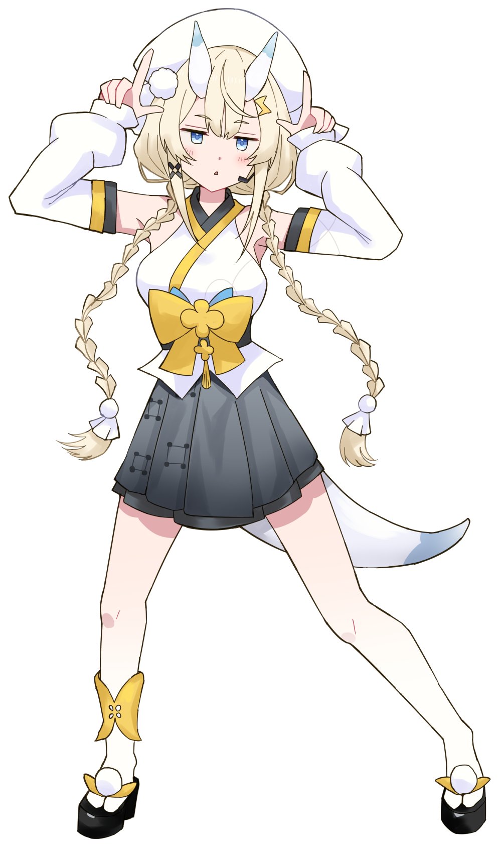 keikesu, kadou mikaru, nijisanji, highres, 1girl, ankleband, arms up, bare shoulders, black skirt, blonde hair, blue bow, blue eyes, blue horns, blue tail, blush, bow, braid, breasts, detached sleeves, footwear bow, full body, gradient pantyhose, hair ornament, hair over shoulder, hakama, hakama skirt, hat, headset, horns, index finger raised, japanese clothes, jitome, kimono, large breasts, legs apart, lightning bolt, lightning bolt hair ornament, lightning bolt symbol, long hair, long sleeves, looking at viewer, low twin braids, miniskirt, multicolored horns, obi, obi bow, okobo, pantyhose, parted lips, platform sandals, pom pom (clothes), pom pom footwear, pom pom hair ornament, puffy long sleeves, puffy sleeves, sandals, sash, sidelocks, simple background, skirt, solo, standing, teruterubouzu, triangle mouth, twin braids, two-tone horns, two-tone tail, very long hair, virtual youtuber, white background, white hat, white horns, white kimono, white pantyhose, white tail, x hair ornament, yellow bow