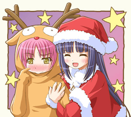 shiumai, siumai, fujisaki nadeshiko, hinamori amu, shugo chara!, lowres, blush, christmas, reindeer, santa costume, trap