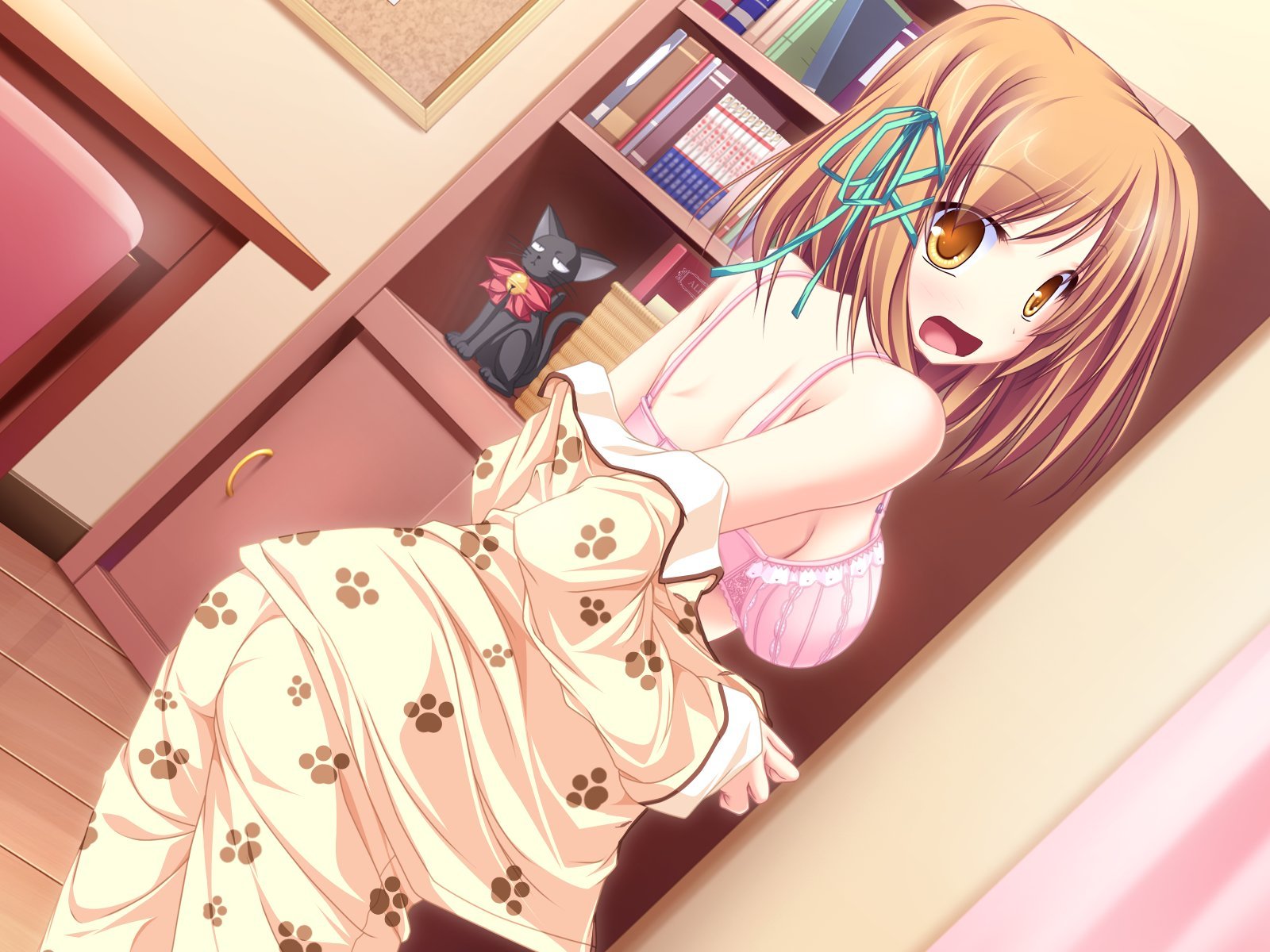 tenmaso, amakase koyuki, magus tale, game cg, highres, 1girl, blush, bra, embarrassed, female focus, hair ribbon, lingerie, pajamas, paw print, pink bra, ribbon, short hair, solo, underwear, undressing