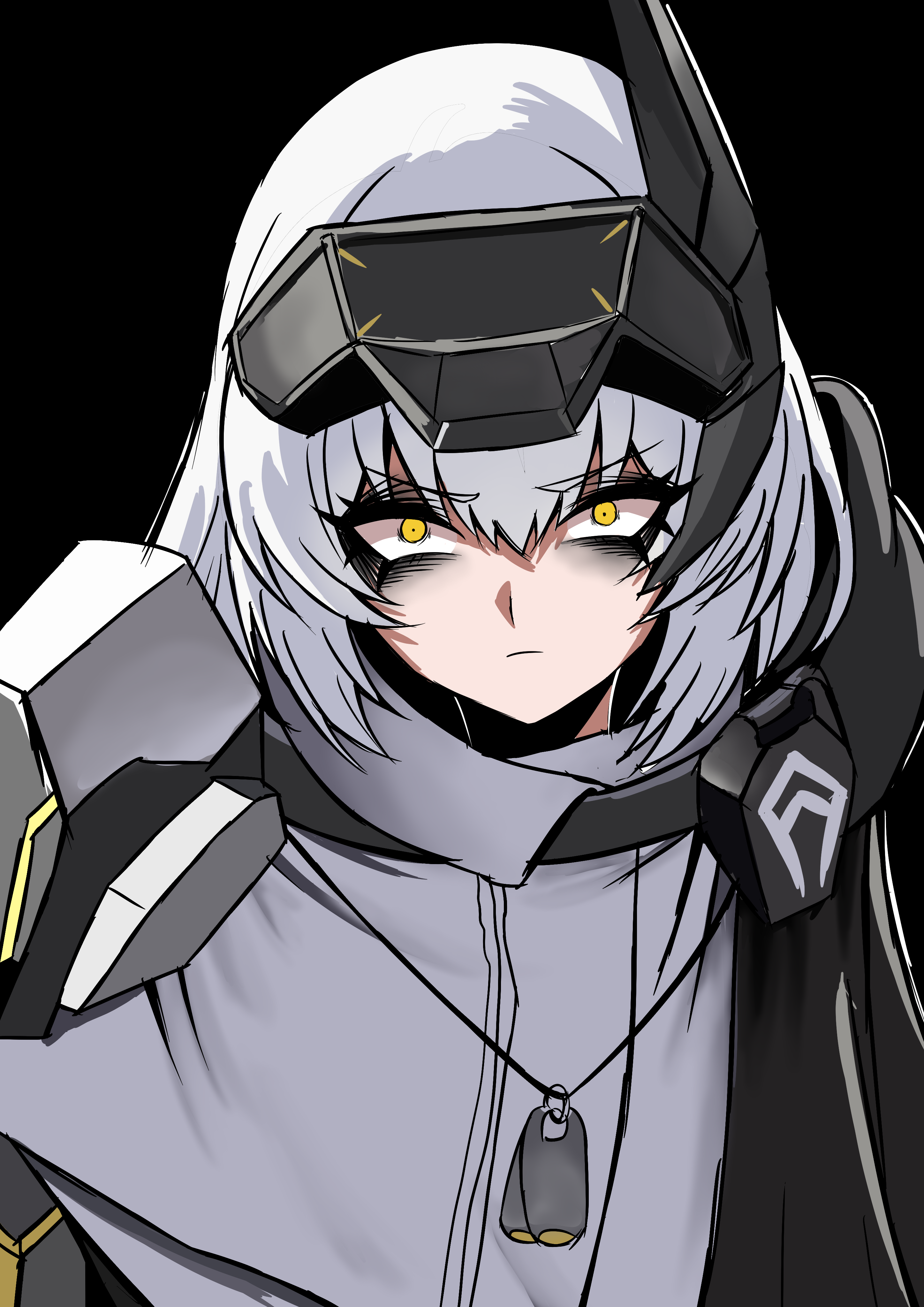 nagainegi, snow white (nikke), goddess of victory: nikke, absurdres, highres, 1girl, armored bodysuit, breasts, cloak, hair between eyes, head-mounted display, jacket, long hair, long sleeves, looking at viewer, multicolored hair, short hair, solo, streaked hair, white cloak, white hair, yellow eyes
