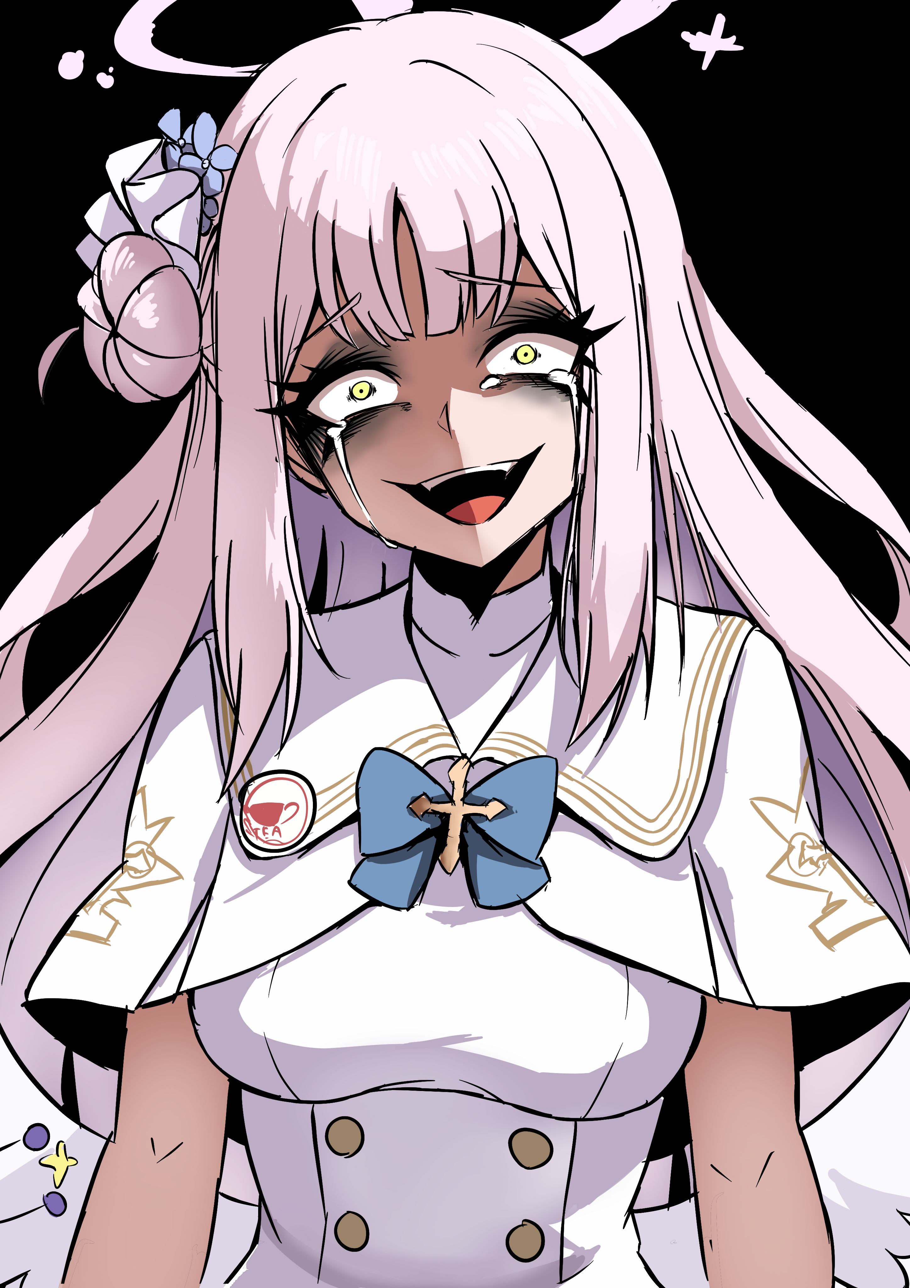 nagainegi, mika (blue archive), blue archive, absurdres, highres, 1girl, angel wings, black scrunchie, blush, breasts, capelet, crying, crying with eyes open, dress, feathered wings, gradient halo, hair bun, hair ornament, halo, long hair, looking at viewer, low wings, multicolored halo, pink hair, pink halo, scrunchie, single side bun, smile, solo, tears, white capelet, white wings, wing ornament, wings, wrist scrunchie, yellow eyes