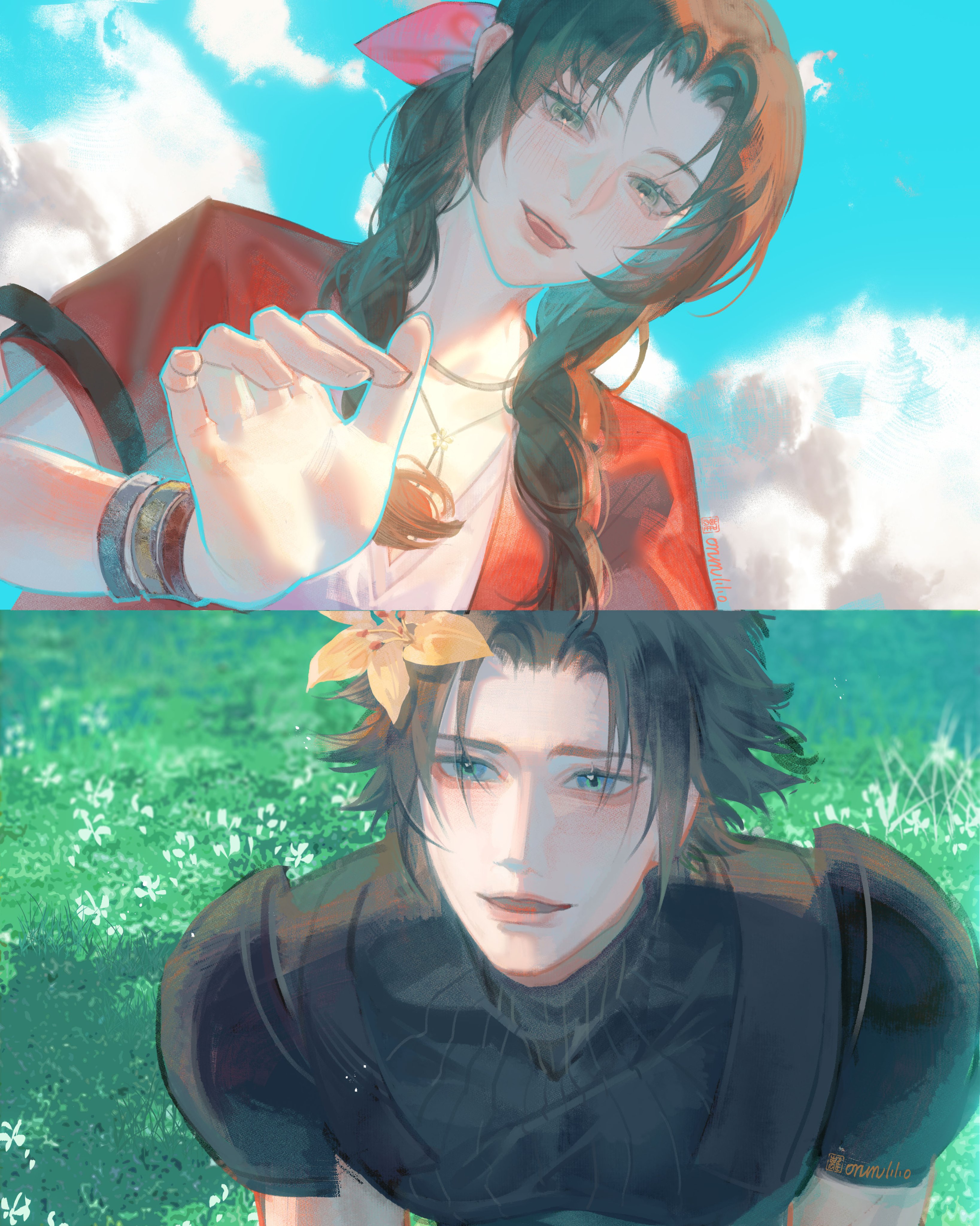 aerith gainsborough, zack fair, crisis core final fantasy vii, final fantasy, final fantasy vii, final fantasy vii remake, absurdres, commentary, english commentary, highres, 0mulili0, 1boy, 1girl, armor, bangle, black hair, blue eyes, blue sky, bracelet, cloud, cloudy sky, dress, drill hair, drill sidelocks, flower, from above, from below, grass, hair flower, hair ornament, hair ribbon, jacket, jewelry, looking down, looking up, open clothes, open jacket, open mouth, outdoors, parted bangs, pink dress, pink ribbon, red jacket, ribbon, short hair, short sleeves, shoulder armor, sidelocks, sky, sleeveless, sleeveless turtleneck, smile, sweater, turtleneck, turtleneck sweater, upper body, yellow flower