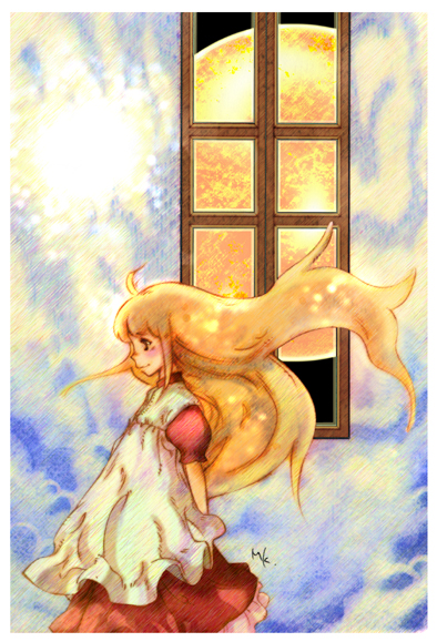 konishi minoru, original, 1girl, ahoge, blonde hair, closed mouth, cloud, dress, female focus, floating hair, frills, from side, moon, night, night sky, profile, puffy short sleeves, puffy sleeves, short sleeves, signature, sky, solo, window