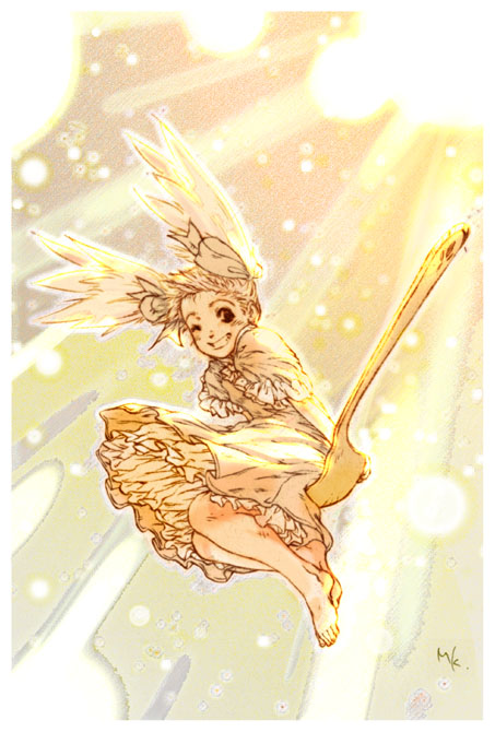konishi minoru, original, tagme, barefoot, dress, one eye closed, solo, spoon, wink