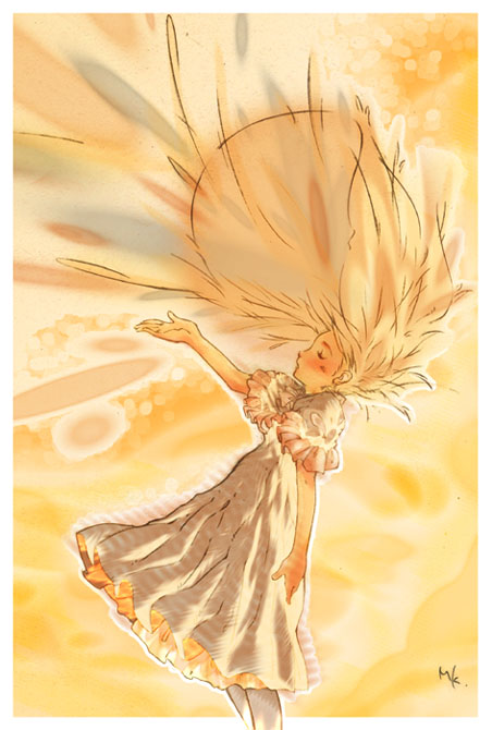 konishi minoru, original, 1girl, black pantyhose, blonde hair, blue dress, blush, border, dress, falling, female focus, floating hair, long hair, outstretched arm, pantyhose, solo, very long hair, wind