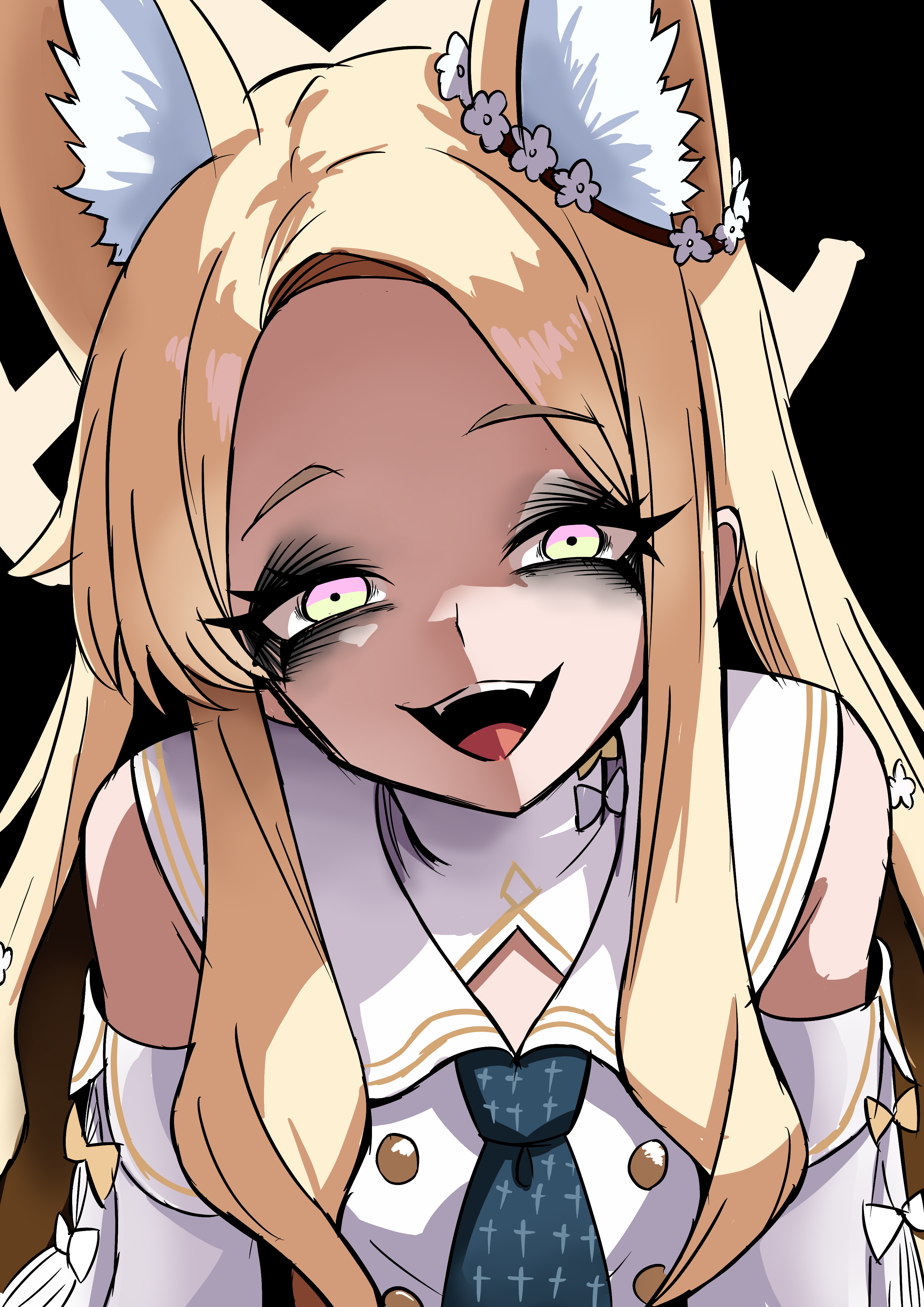 nagainegi, seia (blue archive), blue archive, absurdres, commentary request, highres, 1girl, animal ear fluff, animal ears, black background, blonde hair, detached sleeves, fangs, gradient eyes, halo, long eyelashes, looking at viewer, multicolored eyes, necktie, open mouth, solo
