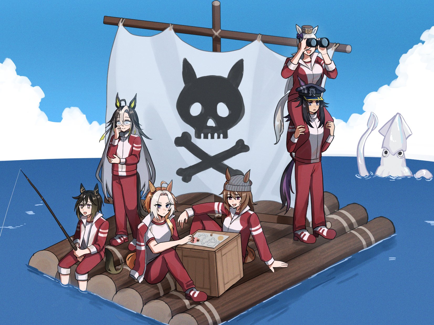 himo (user rzgz5877), dream journey (umamusume), fenomeno (umamusume), gold ship (umamusume), nakayama festa (umamusume), orfevre (umamusume), stay gold (umamusume), umamusume, highres, 6+girls, ahoge, animal ears, beanie, binoculars, black hair, blue eyes, blue sky, blunt bangs, board game, bow, breasts, brown eyes, brown hair, brown hat, closed mouth, crate, ear bow, ear covers, ear ornament, ears through headwear, fishing, fishing rod, flipped hair, giant squid, glasses, grey hair, grey hat, gym shirt, gym uniform, hair between eyes, hat, holding, holding binoculars, holding fishing rod, horse ears, horse girl, horse tail, jacket, lollipop in mouth, long hair, long sleeves, multicolored hair, multiple girls, ocean, open mouth, orange hair, outdoors, pants, peaked cap, pillbox hat, ponytail, purple eyes, purple hair, raft, red jacket, red pants, red track suit, sail, shirt, short sleeves, single ear cover, sitting, sitting on shoulder, skull and crossbones, sky, smile, squid, stay gold clan (umamusume), streaked hair, tail, tracen training uniform, track jacket, track pants, track suit, two-tone hair, water, white hair, white shirt