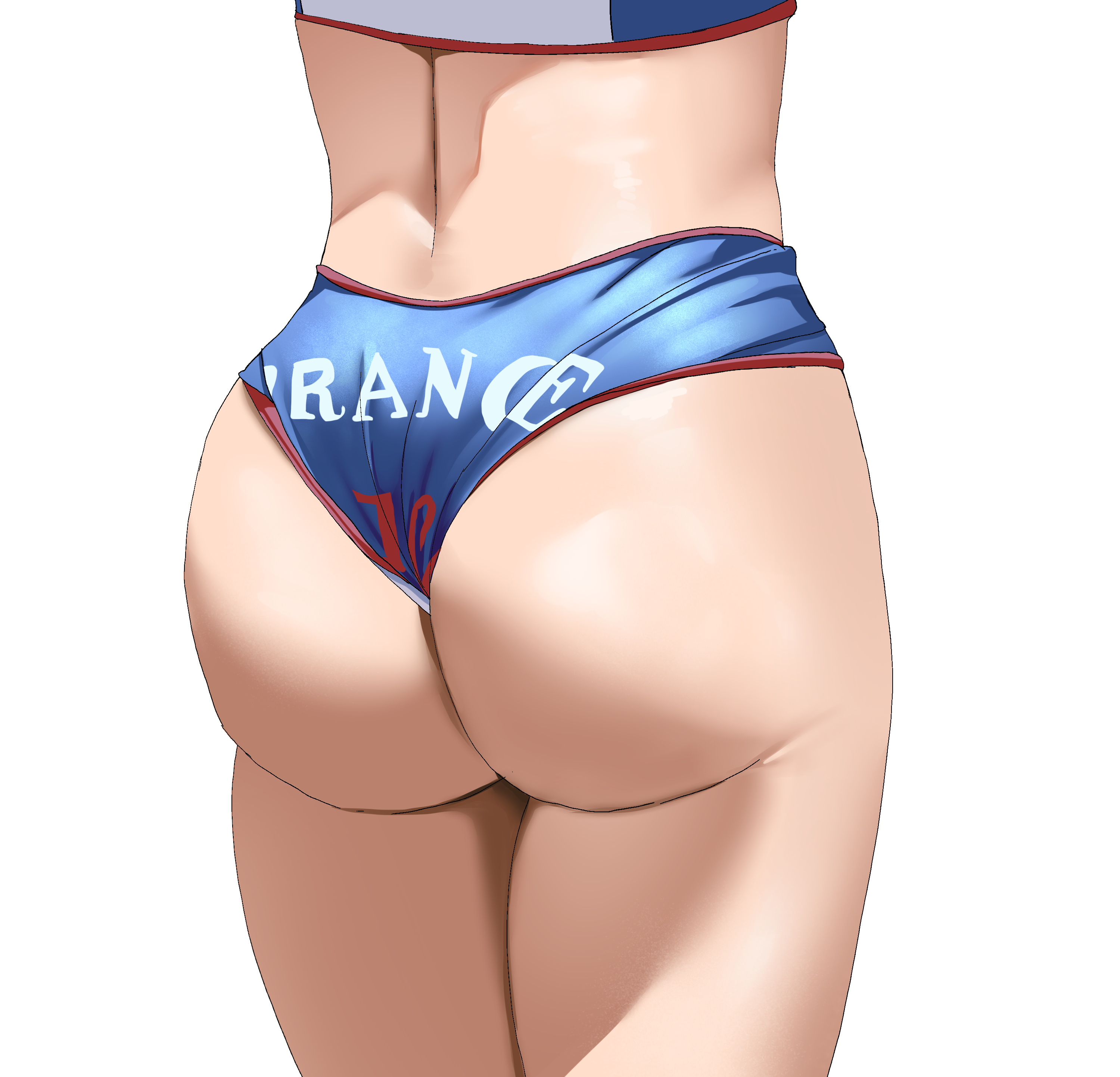 bellone, anais zanotti, real life, absurdres, derivative work, highres, 1girl, ass, ass focus, blue shorts, close-up, crop top, female focus, france, micro shorts, number print, revealing clothes, shorts, simple background, skin tight, sports bikini, sportswear, standing, text print, volleyball uniform, wedgie, white background