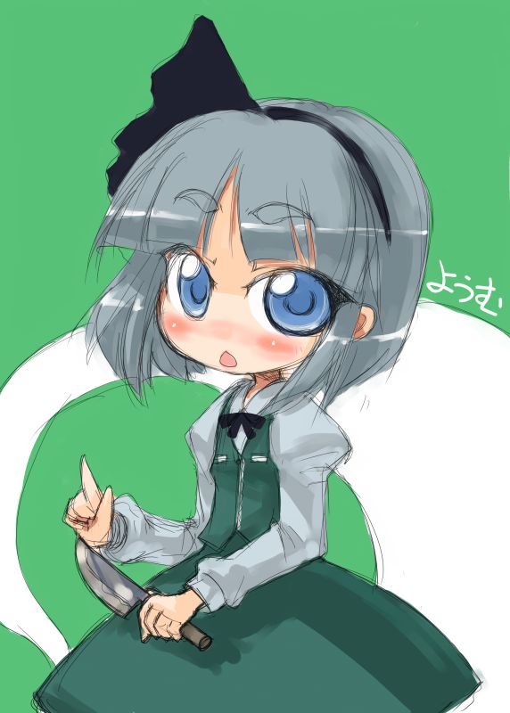 tao, tao (kadoya), konpaku youmu, konpaku youmu (ghost), touhou, silver hair, 1girl, :o, black hairband, blue eyes, blush, dagger, dress, female focus, ghost, green background, green dress, hair ribbon, hairband, hitodama, holding, holding weapon, knife, long sleeves, open mouth, ribbon, short hair, simple background, solo, tareme, weapon
