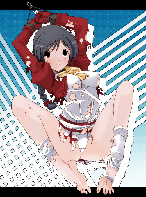 aka ume, original, 1girl, barefoot, bdsm, bondage, bound, bound wrists, braid, feet, female focus, panties, pantyshot, socks, solo, spread legs, spread toes, toes, torn clothes, underwear