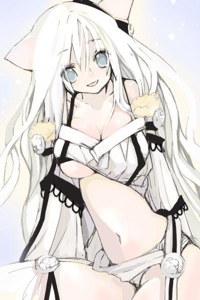 saibashi, original, 1girl, animal ears, breasts, cat ears, female focus, large breasts, long hair, solo, white theme
