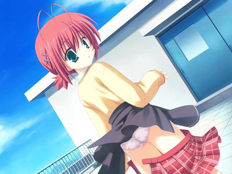 kobuichi, muririn, ebihara minase, bra-ban!, game cg, 1girl, accidental exposure, antenna hair, clothes pull, female focus, panties, pants falling, pantyshot, polka dot, polka dot panties, print panties, red hair, school uniform, serafuku, skirt, skirt pull, sky, solo, twintails, underwear, wardrobe malfunction, white panties