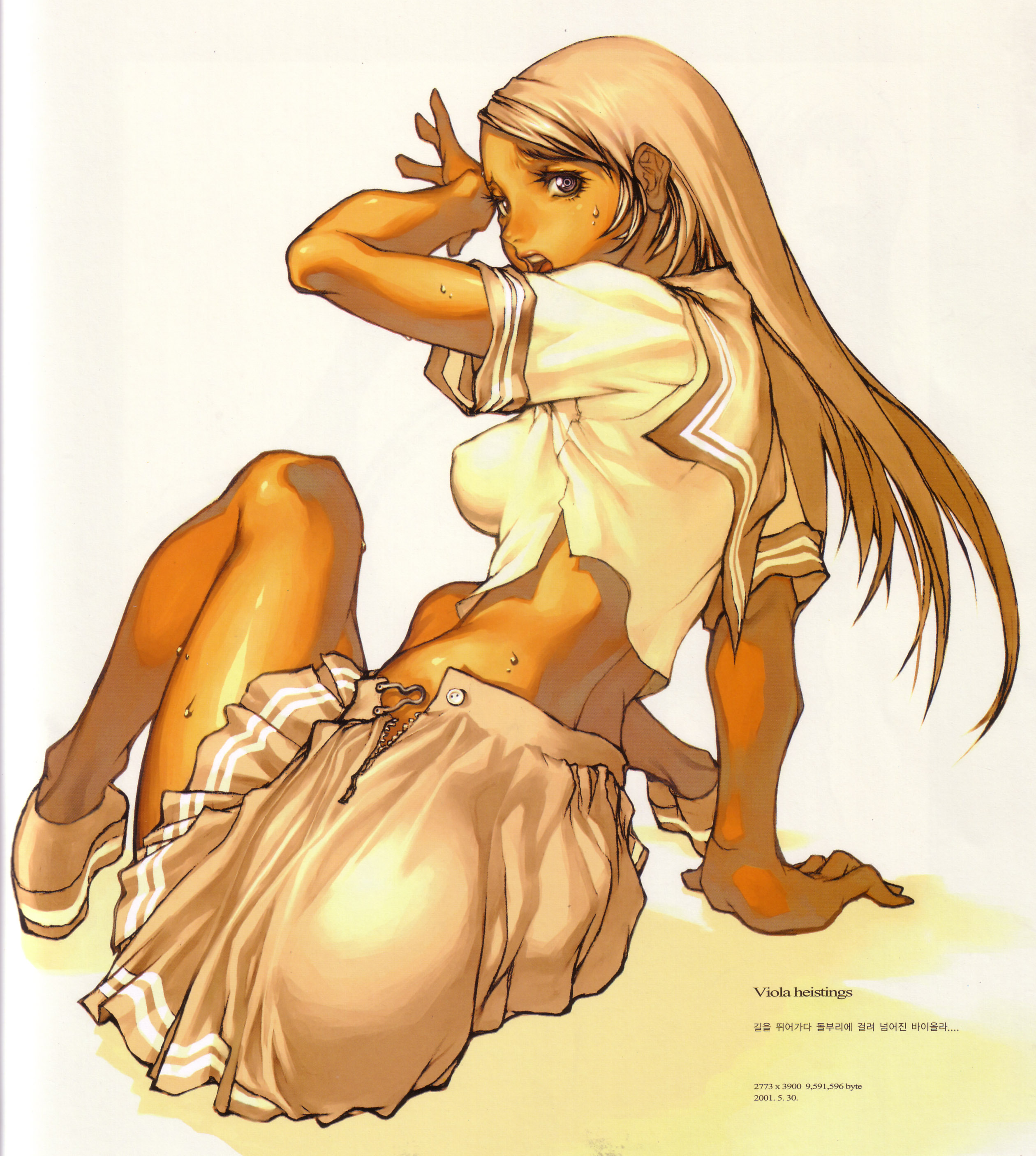 kim hyung tae, viola heistings, oxide, the war of genesis, the war of genesis iii, silver hair, absurdres, highres, official art, scan, 1girl, :o, arm support, ass, back, blush, breasts, covered erect nipples, crop top, female focus, from behind, full body, impossible clothes, impossible shirt, korean text, leaning, long hair, looking back, midriff, no panties, open clothes, open mouth, open skirt, pleated skirt, purple eyes, ringed eyes, school uniform, serafuku, shiny skin, shirt, shoes, simple background, sitting, skirt, solo, sweat, tan, unbuttoned, unzipped, white background, zipper