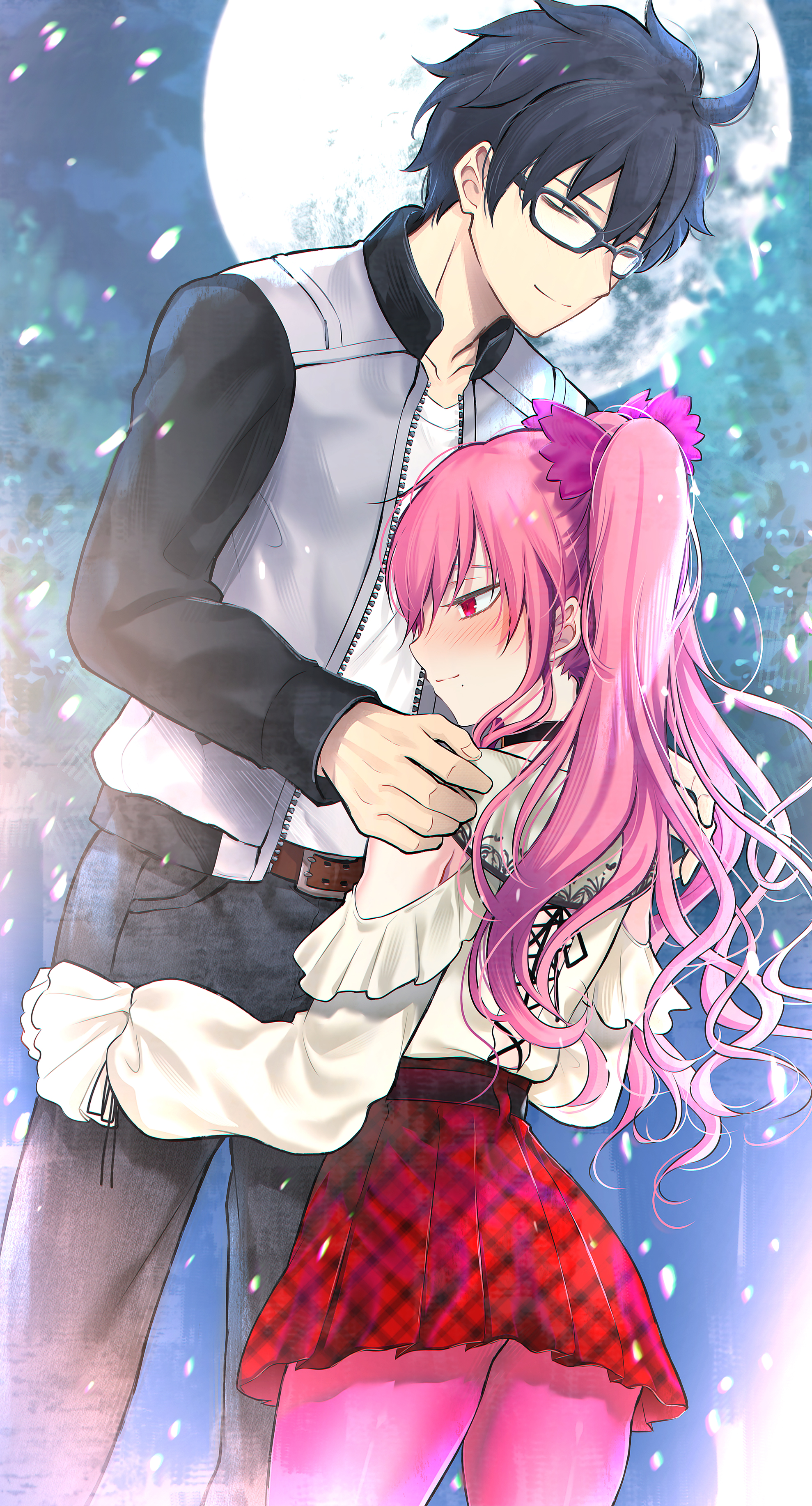 dainatsu, dead apostle noel (tsukihime), noel (tsukihime), tohno shiki, tsukihime, absurdres, commentary request, commission, highres, pixiv commission, 1boy, 1girl, black hair, blush, closed eyes, full moon, glasses, height difference, hug, jacket, long hair, moon, night, pink hair, red eyes, skirt, smile, snowing