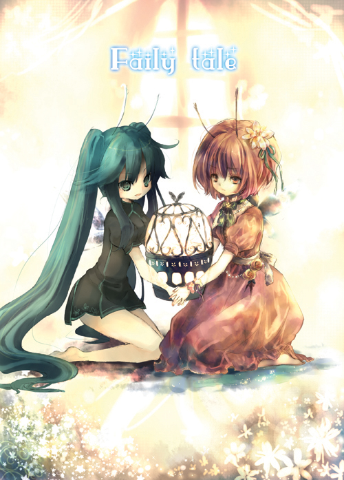 komeko meko (mecolate), onineko, hatsune miku, vocaloid, artist collaboration, 2girls, aqua hair, barefoot, english text, engrish text, long hair, multiple girls, ranguage, twintails, very long hair