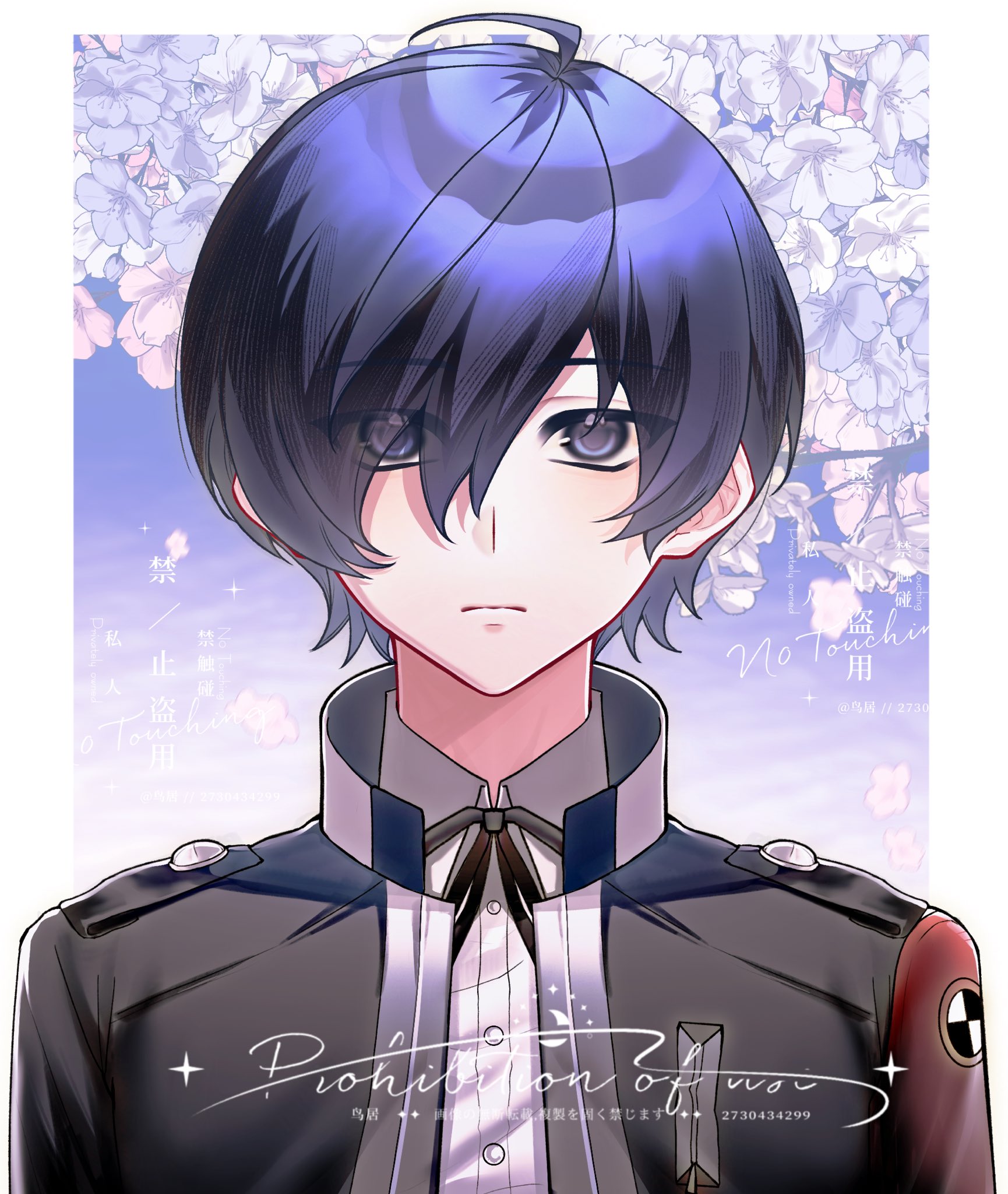 niaoju1010, yuuki makoto (persona 3), persona, persona 3, persona 3 reload, commentary, highres, 1boy, armband, black jacket, black ribbon, blue eyes, blue hair, blue sky, border, cherry blossoms, closed mouth, collared shirt, falling petals, flower, gekkoukan high school uniform, hair over one eye, jacket, male focus, neck ribbon, open clothes, open jacket, outdoors, outside border, petals, pink flower, red armband, ribbon, school uniform, shirt, short hair, sky, solo, sparkle, upper body, white border, white flower, white shirt