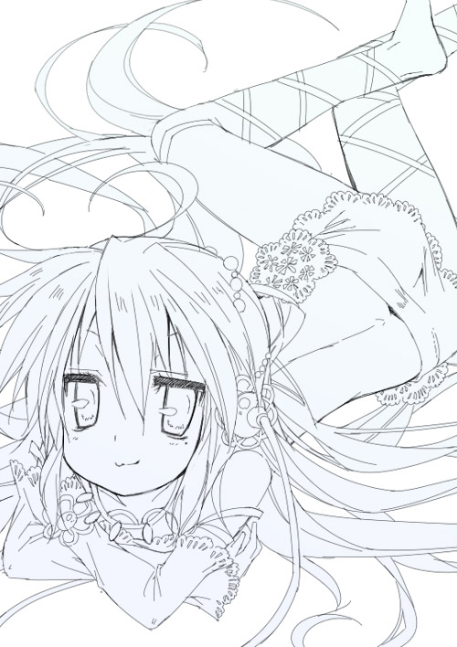 mizuki makoto, izumi konata, lucky star, 00s, 1girl, bare back, blue theme, crossed arms, female focus, lingerie, long hair, lying, mole, mole under eye, monochrome, solo, underwear, very long hair
