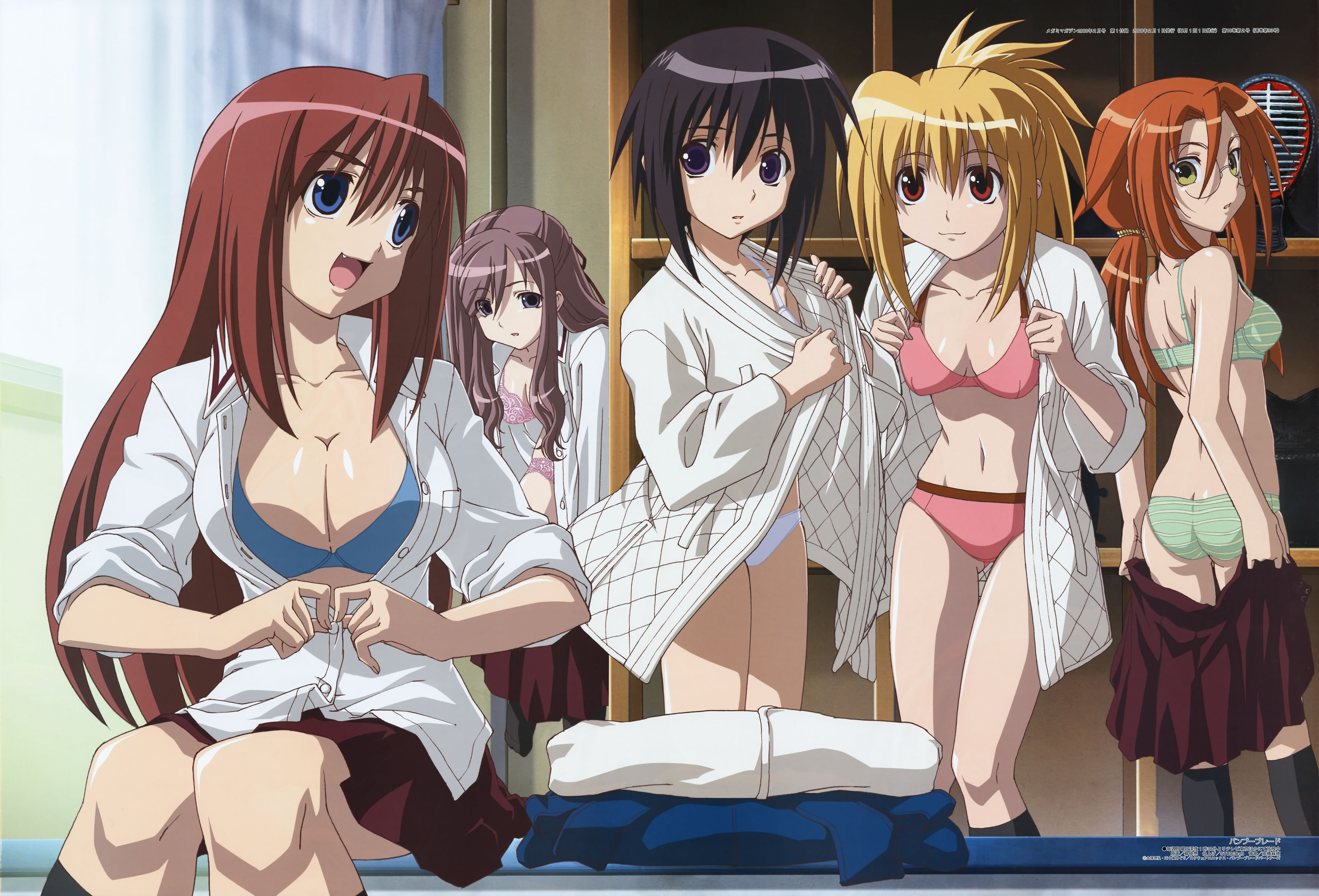 yanagi shinsuke, azuma satori, chiba kirino, kawazoe tamaki, kuwahara sayako, miyazaki miyako, bamboo blade, megami magazine, absurdres, highres, official art, scan, 00s, 5girls, :d, :o, ass, back, bench, black hair, black socks, blonde hair, blue bra, blue eyes, bookshelf, bra, breasts, butt crack, buttons, cleavage, clothes pull, curtains, dress shirt, everyone, fang, flat chest, from behind, glasses, green eyes, green panties, grey hair, hair between eyes, helmet, indoors, japanese clothes, kendo, kneehighs, lace, lace-trimmed bra, lace-trimmed panties, lace trim, large breasts, leaning forward, leg lift, light smile, lingerie, locker, locker room, long hair, looking at viewer, looking back, miniskirt, multiple girls, navel, no pants, open clothes, open mouth, open shirt, orange hair, panties, pink bra, pink panties, pleated skirt, ponytail, purple eyes, red eyes, red hair, school uniform, scrunchie, shirt, short hair, sidelocks, sitting, skirt, skirt pull, sleeves rolled up, smile, socks, spiked hair, standing, standing on one leg, striped bra, striped clothes, striped panties, surprised, swept bangs, thigh gap, unbuttoned, underwear, underwear only, undressing, very long hair, wavy hair, white bra, white panties, white shirt, window
