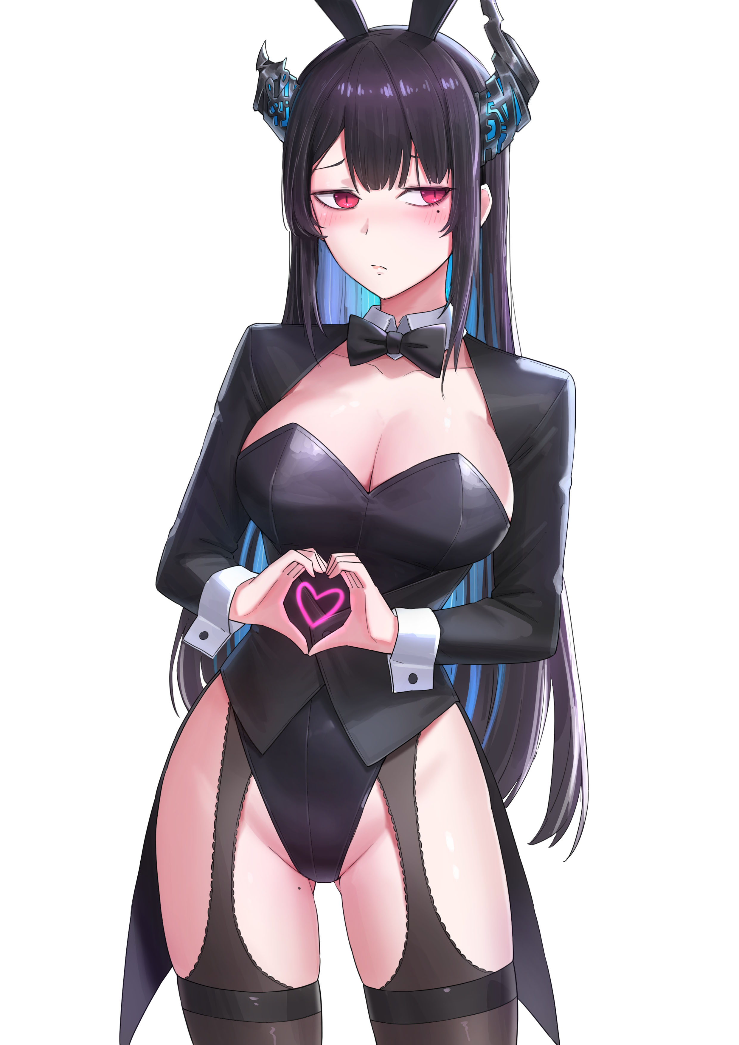 yubaest, nerissa ravencroft, hololive, hololive english, absurdres, highres, 1girl, alternate costume, animal ear hairband, animal ears, asymmetrical horns, averting eyes, black bow, black bowtie, black hair, black leotard, black thighhighs, blue hair, blush, bow, bowtie, breasts, cleavage, closed mouth, colored inner hair, cowboy shot, fake animal ears, garter straps, gluteal fold, hairband, heart, heart hands, highleg, highleg leotard, horns, large breasts, leotard, long hair, long sleeves, mole, mole on thigh, mole under eye, multicolored hair, playboy bunny, purple eyes, rabbit ear hairband, rabbit ears, sidelocks, simple background, slit pupils, solo, thighhighs, traditional bowtie, uneven horns, very long hair, virtual youtuber, white background, wrist cuffs