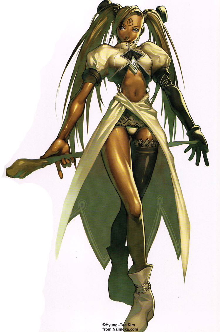 kim hyung tae, oxide, black legwear, scan, asymmetrical clothes, blonde hair, boots, brown hair, dark skin, elbow gloves, gloves, grey eyes, hair ornament, midriff, navel, panties, single glove, single thighhigh, solo, staff, tan, thighhighs, twintails, underwear, white panties