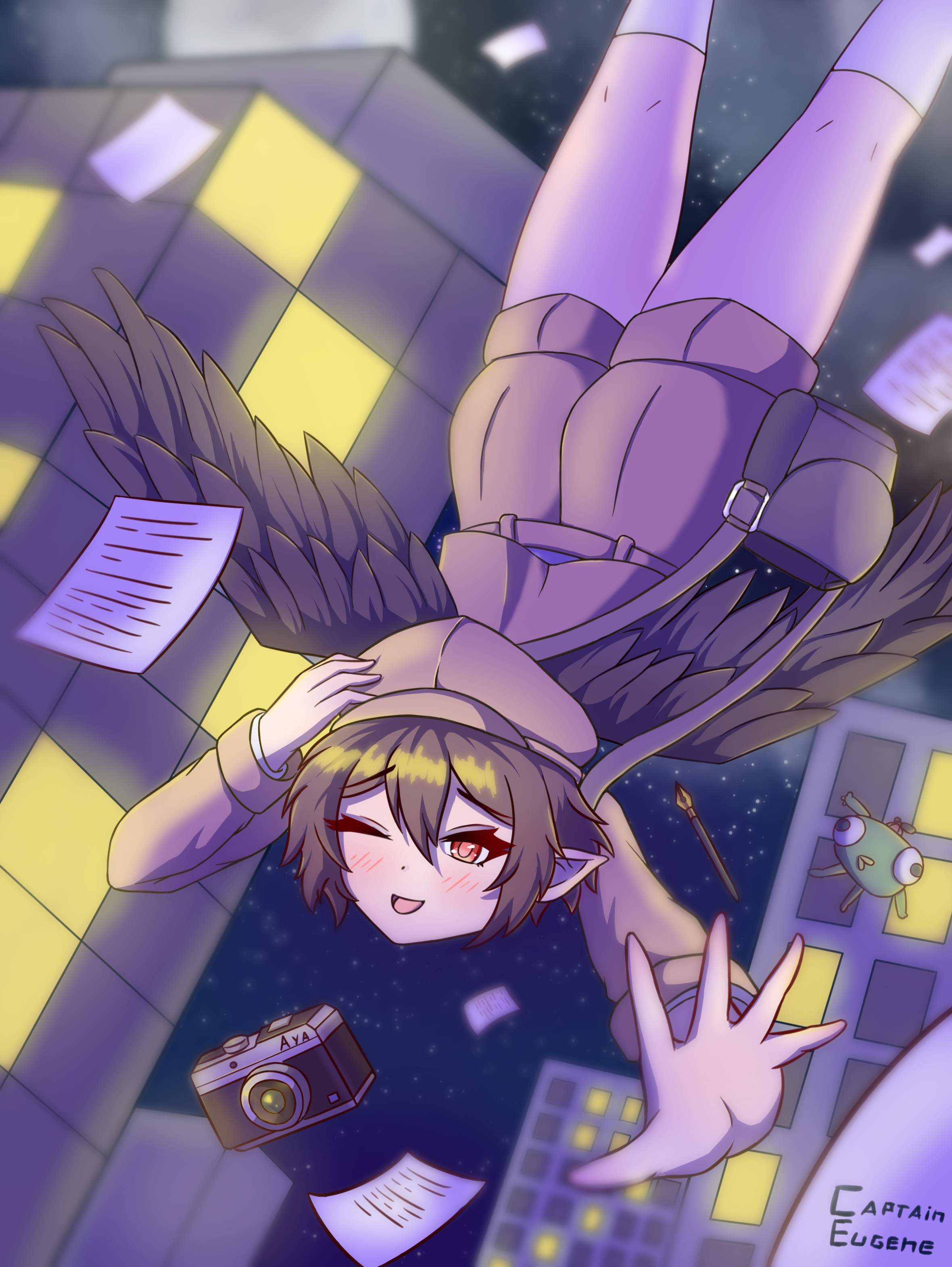 captaineugene, shameimaru aya, shameimaru aya (newsboy), peak (game), touhou, absurdres, highres, self-upload, 1girl, bag, beret, bing bong, blush, camera, city, city lights, falling, hat, jacket, kneehighs, night, night sky, paper, parody, pen, pointy ears, shirt, shoes, short hair, shorts, sky, socks, solo, wings