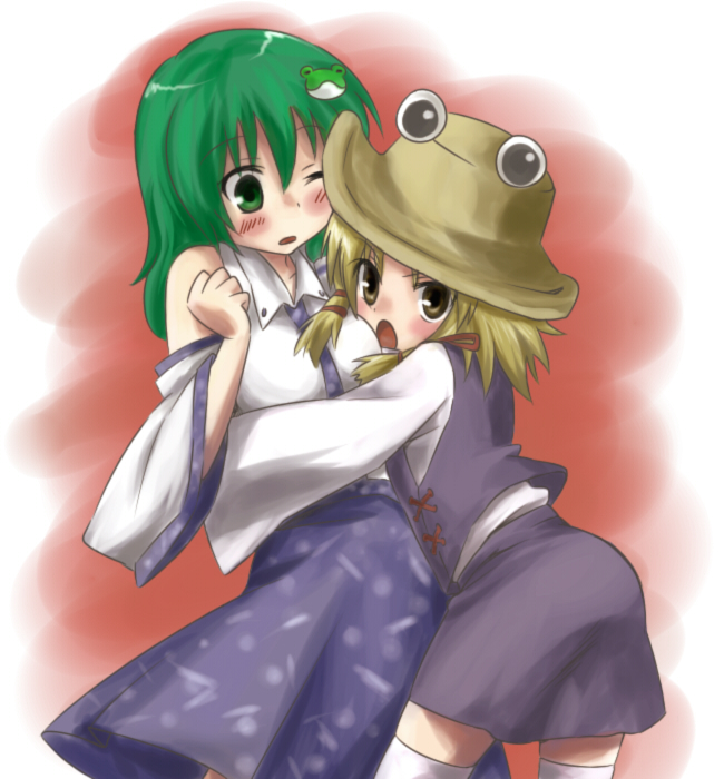 kiji (manekinuko-tei), kochiya sanae, moriya suwako, touhou, 2girls, breasts, female focus, gradient background, hat, multiple girls, skirt, thighhighs, white background