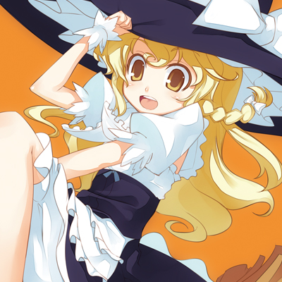 shingo (missing link), kirisame marisa, touhou, lowres, 1girl, blonde hair, broom, broom riding, female focus, hand on headwear, hat, solo, witch, witch hat