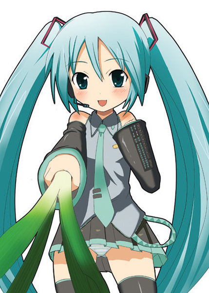 okayu, okayu256, hatsune miku, vocaloid, 1girl, aqua hair, female focus, long hair, solo, spring onion, thighhighs, twintails, very long hair