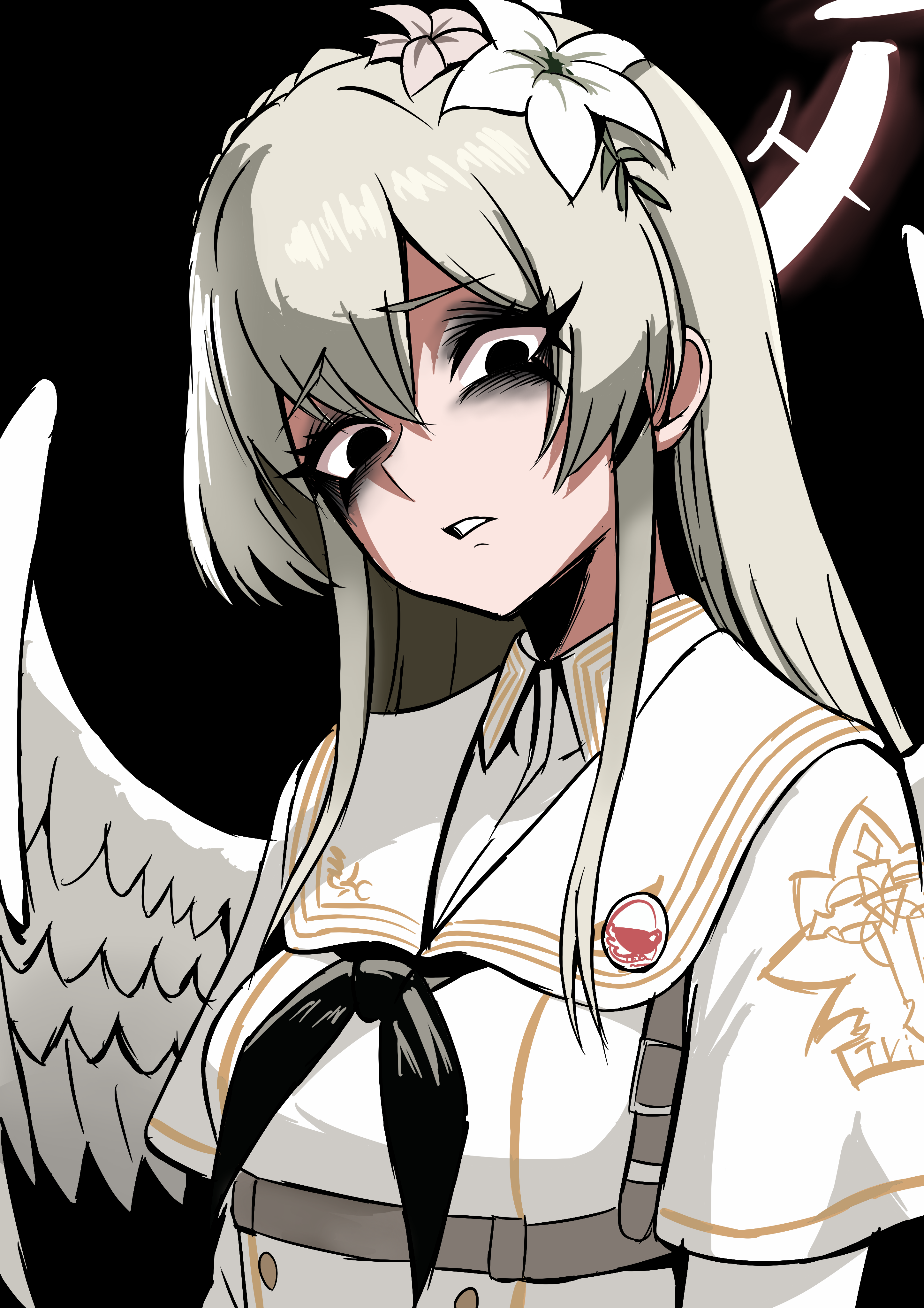 nagainegi, nagisa (blue archive), blue archive, absurdres, highres, 1girl, angel wings, blonde hair, blush, brown hair, dress, feathered wings, flower, hair flower, hair ornament, halo, long hair, looking at viewer, white dress, white wings, wings, yellow eyes