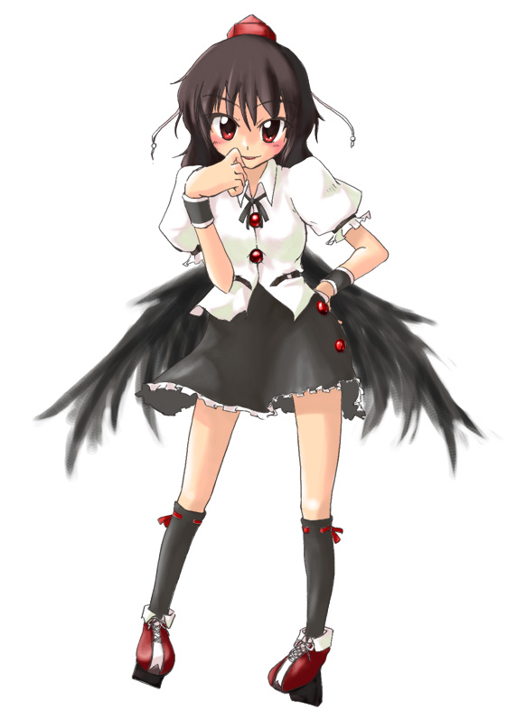 nekomori don, shameimaru aya, touhou, 1girl, black wings, blush, female focus, geta, hat, looking at viewer, smile, solo, tengu-geta, wings