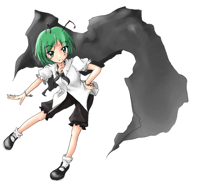 nekomori don, wriggle nightbug, touhou, 1girl, antennae, blush, cape, female focus, green eyes, green hair, matching hair/eyes, solo