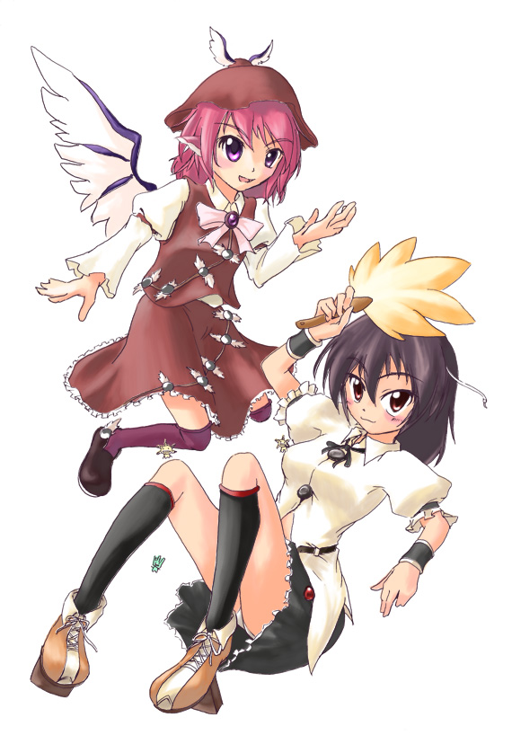 nekomori don, mystia lorelei, oryzae-tan, shameimaru aya, moyashimon, touhou, 2girls, crossover, geta, hat, multiple girls, tengu-geta, wings