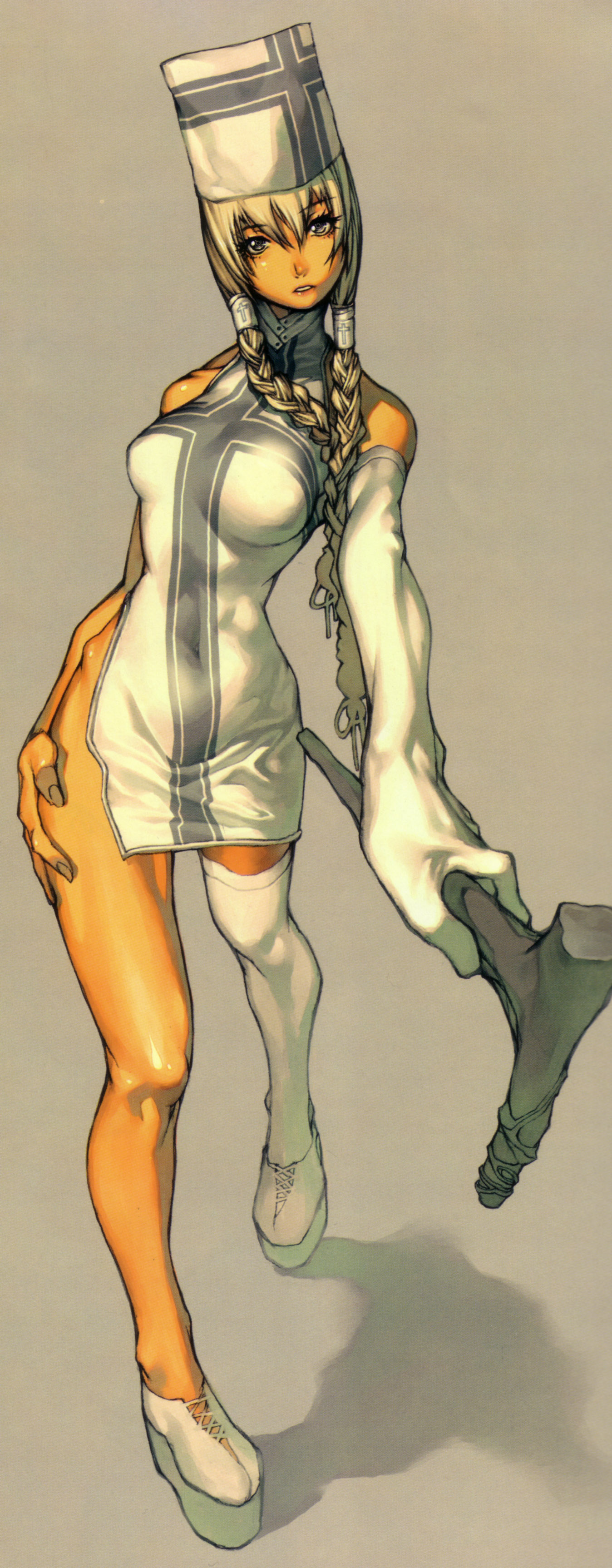 kim hyung tae, oxide 2, absurdres, highres, long image, scan, tall image, blonde hair, braid, staff, standing, tan, twin braids