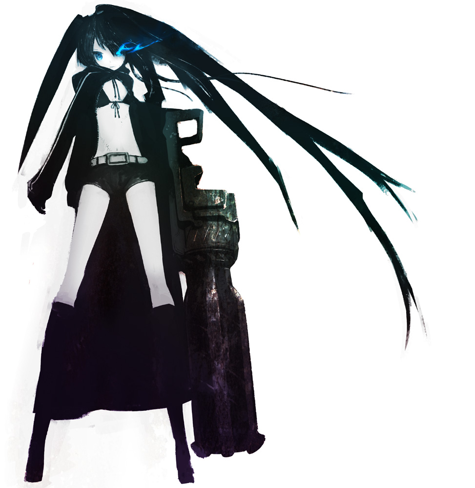 huke, black rock shooter (character), black rock shooter, 10s, 1girl, arm cannon, belt, bikini, bikini top only, black hair, blue eyes, boots, coat, female focus, flat chest, front-tie top, gloves, glowing, glowing eye, glowing eyes, gun, hood, hooded jacket, jacket, knee boots, long hair, monochrome, navel, pale skin, scar, short shorts, shorts, side-tie bikini bottom, simple background, solo, stitches, swimsuit, twintails, uneven twintails, very long hair, weapon, white background
