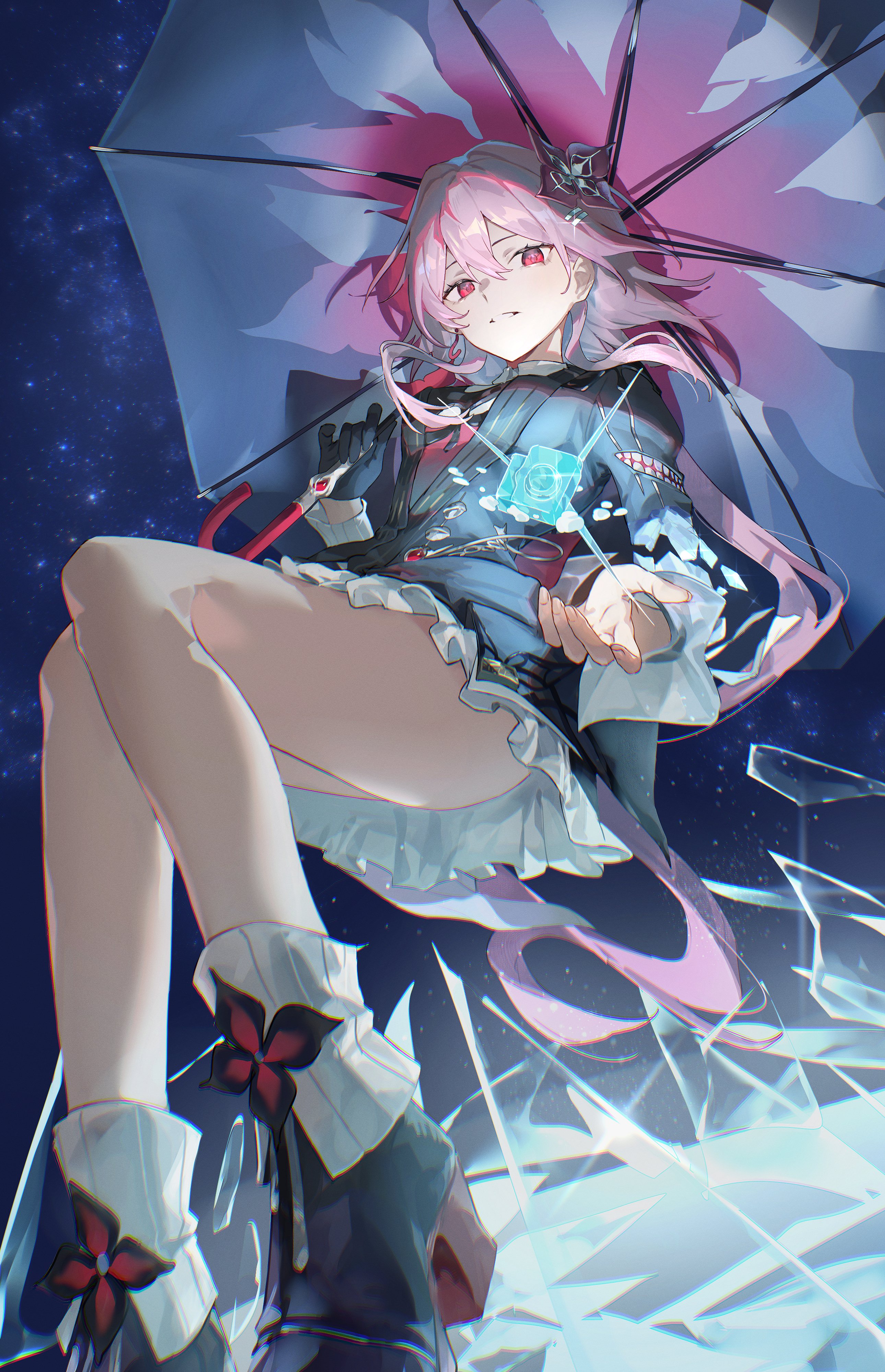 erulusyro, evernight (honkai: star rail), march 7th (honkai: star rail), honkai: star rail, honkai (series), absurdres, highres, 1girl, black dress, black gloves, black shoes, breasts, dress, earrings, flower, from below, gloves, hair flower, hair ornament, high heels, holding, holding umbrella, jewelry, light particles, long hair, medium breasts, night, night sky, object floating above hand, parted lips, pink hair, reaching, reaching towards viewer, red eyes, red flower, shards, shoes, single earring, single glove, skirt, sky, socks, solo, star (sky), thighs, umbrella, white socks