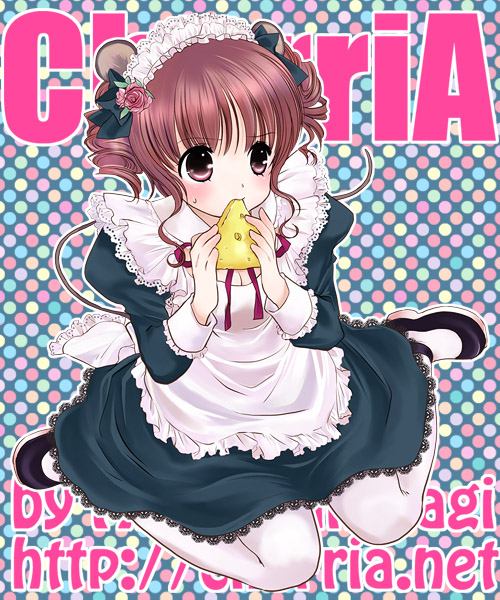 sakuragi akira, 1girl, animal ears, cheese, eating, female focus, food, maid, mouse ears, pantyhose, solo, white pantyhose