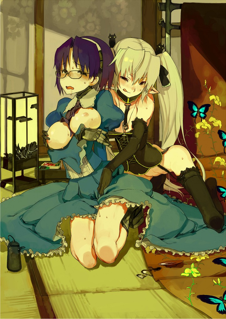 fakepucco, aiko (magipoka), pachira, renkin san-kyuu magical pokaan, 2girls, alcohol, blonde hair, bottomless, breasts, crotch grab, elbow gloves, elf, glasses, gloves, grabbing another's breast, groping, hair ribbon, hairband, large breasts, multiple girls, nipples, no panties, open clothes, open shirt, pointy ears, purple hair, pussy juice, ribbon, sake, saliva, shirt, sweat, thigh gap, thighhighs, thighs, tongue, twintails, yuri