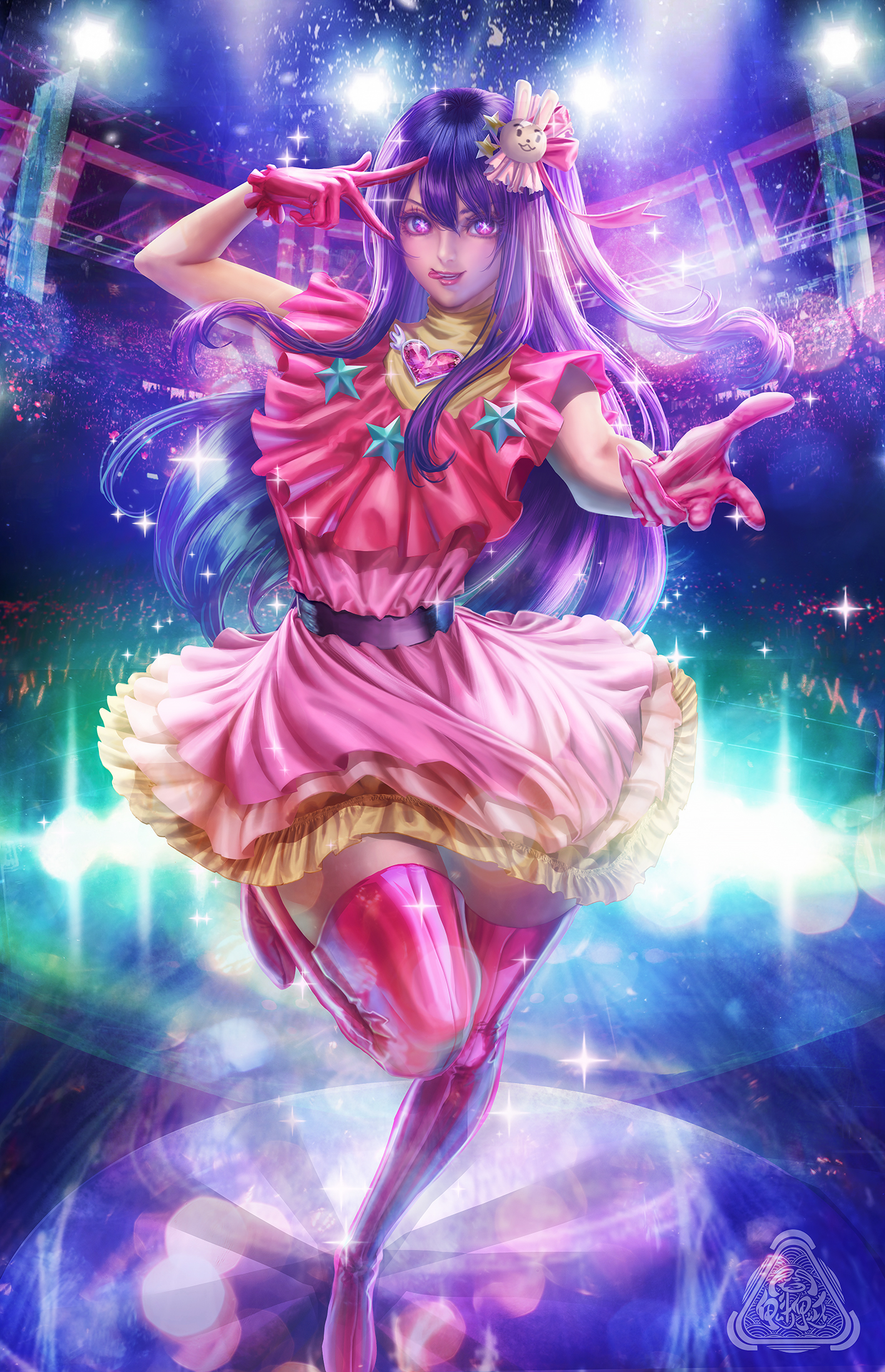 kuiyanxu, hoshino ai, oshi no ko, commentary, highres, 1girl, dress, frilled gloves, frills, gloves, idol, idol clothes, long hair, pink dress, pink gloves, purple hair, solo, star-shaped pupils, star (symbol), symbol-shaped pupils, tongue, tongue out, turtleneck, turtleneck dress, v