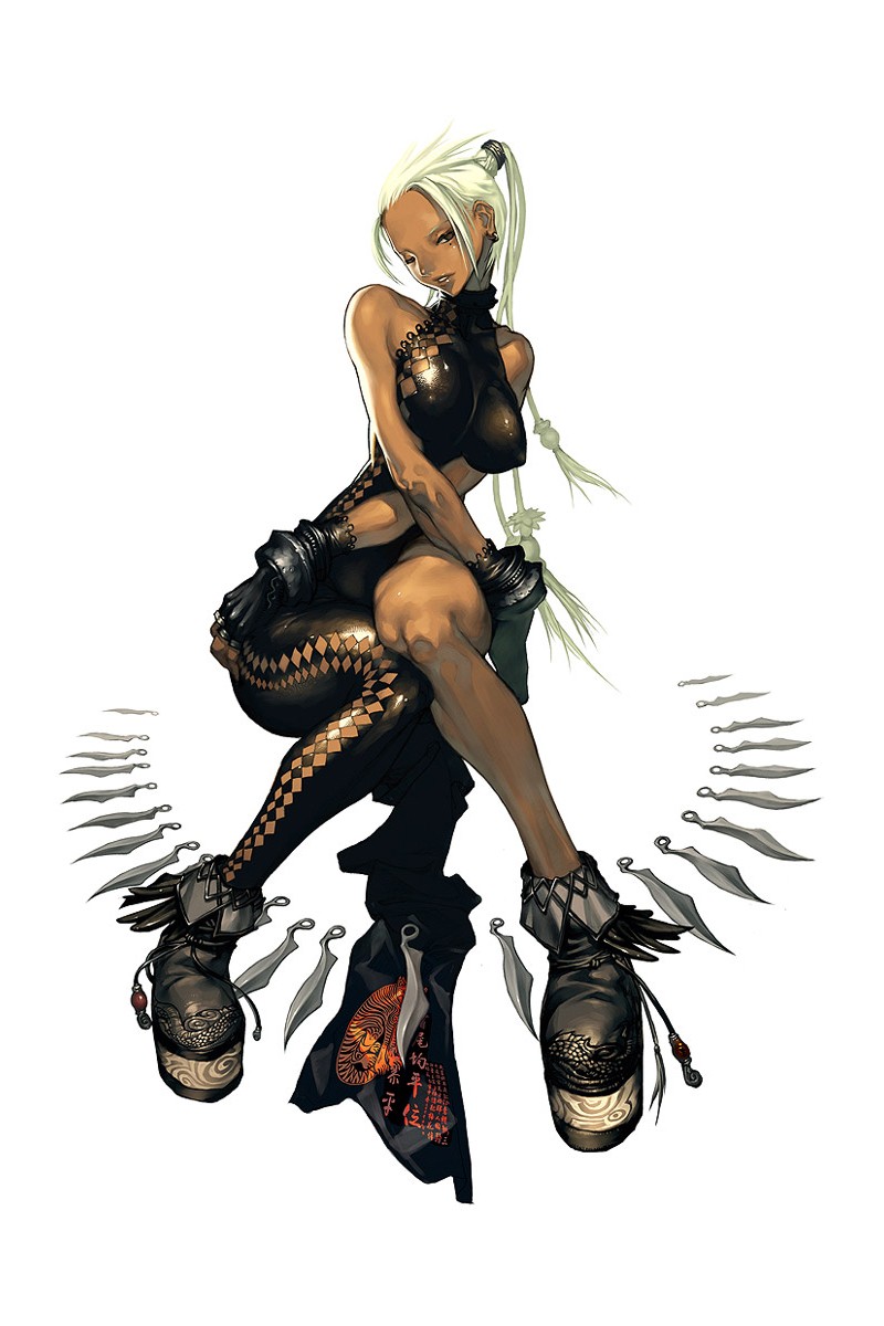 kim hyung tae, rose (magna carta), magna carta, magna carta: the phantom of avalanche, highres, asymmetrical clothes, bare shoulders, breasts, brown eyes, covered erect nipples, dark skin, fingerless gloves, flower, gloves, kunai, large breasts, long hair, ponytail, rose, sitting, skin tight, tan, weapon, white hair, wink