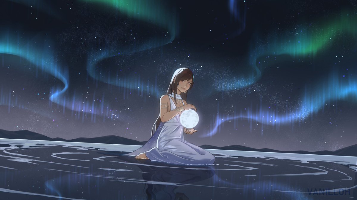 tifa lockhart, final fantasy, final fantasy vii, final fantasy vii rebirth, final fantasy vii remake, commentary, english commentary, 1girl, alternate costume, armlet, aurora, bare shoulders, barefoot, black hair, bracelet, dress, earrings, full body, full moon, gold earrings, jewelry, long hair, looking at viewer, moon, mountainous horizon, night, night sky, on water, outdoors, sitting, sky, sleeveless, sleeveless dress, solo, star (sky), starry sky, vanilloh, wariza, water, white dress